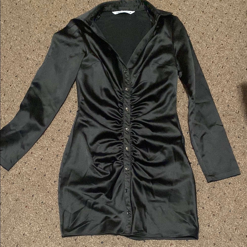 Zara Black Ruched Bodycon Dress with Notched Collar